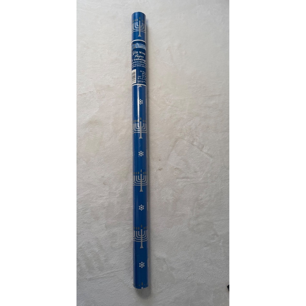 Vintage Chanukah Heavyweight Gift Wrap Menorah Star of David Blue 60 Sq Ft